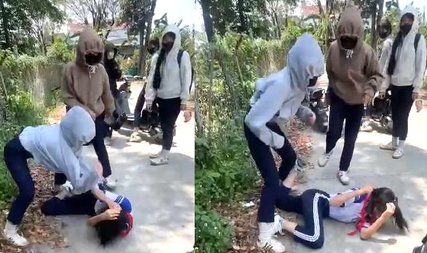 Hiện trường vụ nữ sinh cấp 2 đánh hội đồng. Ảnh cắt từ clip