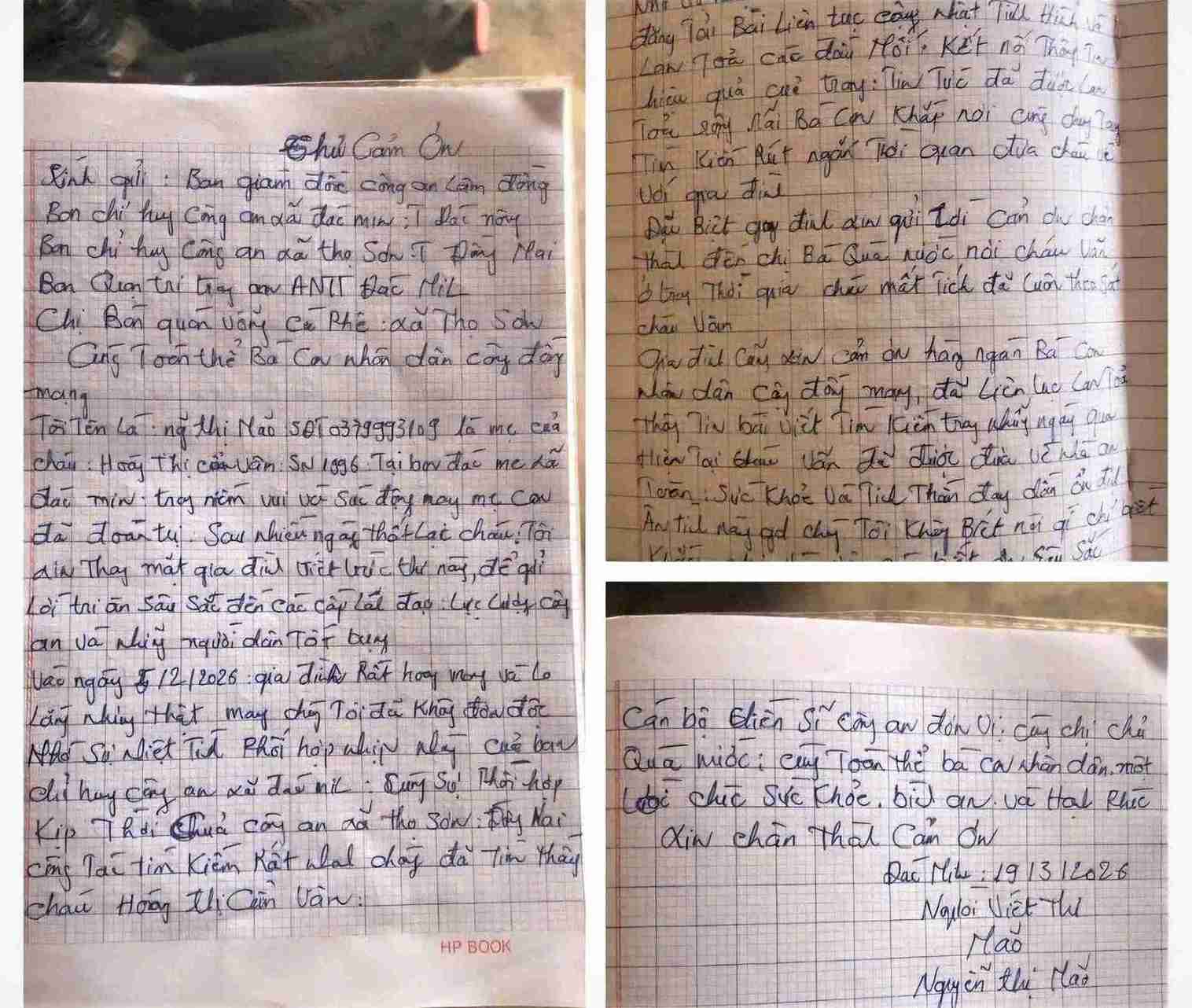 The emotional letter from the family thanking Dak Mil Commune Police after a 40-day search for Ms. Van. Photo: Police provided