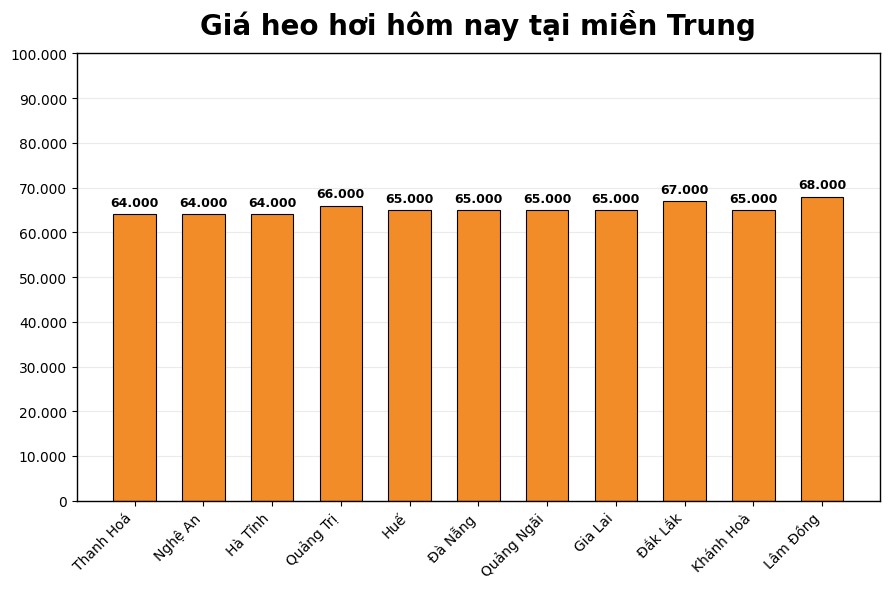 Giá heo hơi hôm nay 24.3 tại khu vực miền Trung. Đồ họa: Thùy Linh