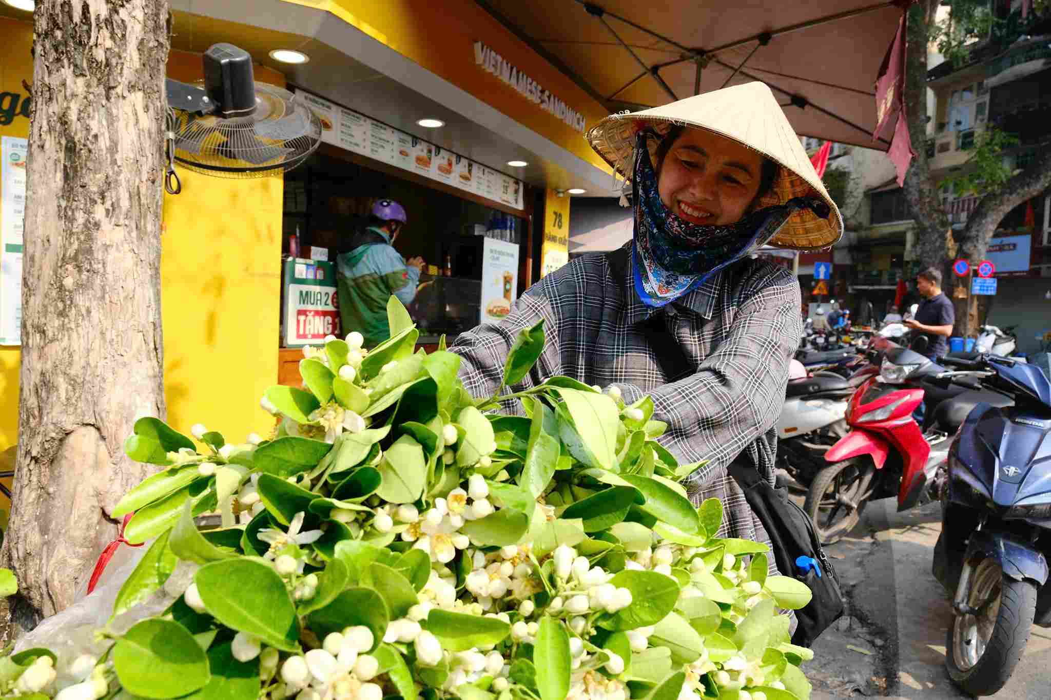 Bà Đỗ Thị Lệ cùng gánh hoa bưởi mang hương thơm ngát len lỏi qua từng góc phố, góp thêm một nét dịu dàng cho Hà Nội những ngày giao mùa. Ảnh: Mỹ Ly