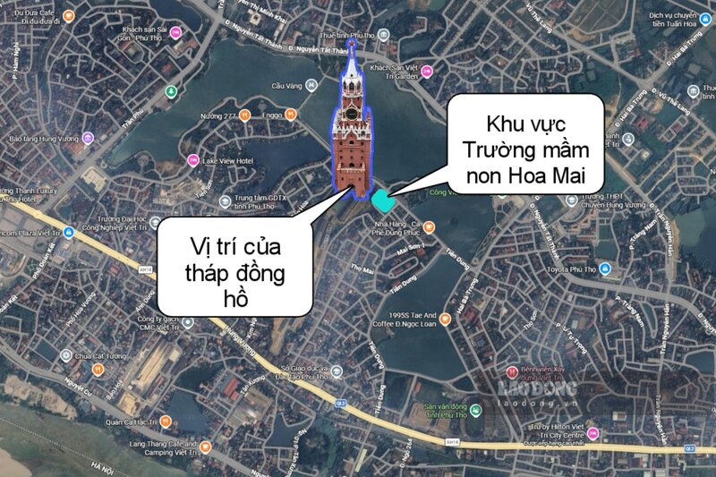 Vị trí Trường mầm non Hoa Mai ven hồ công viên Văn Lang, giáp tháp đồng hồ trong dự án. Đồ họa: Tô Công
