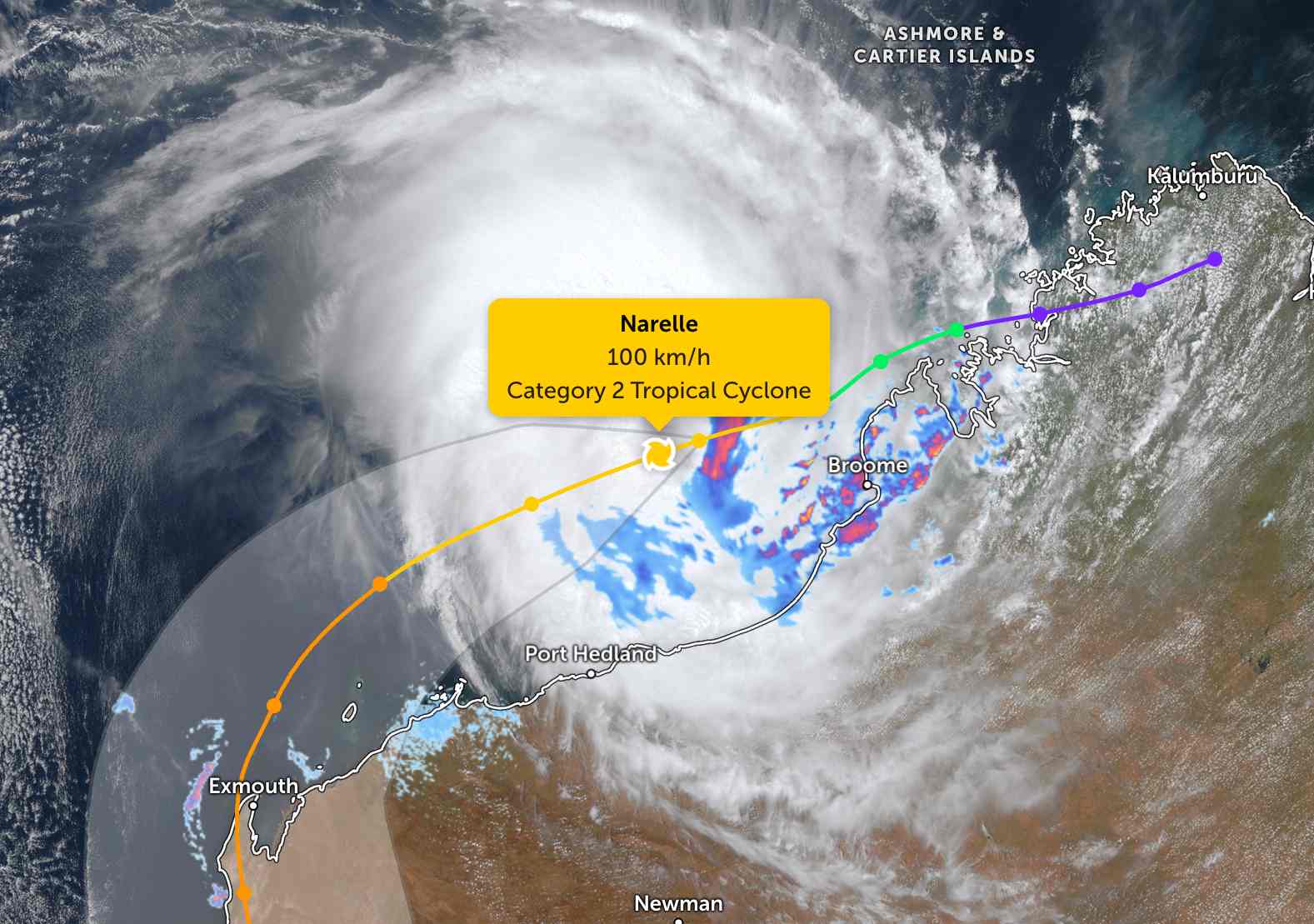Dự báo bão Narelle mạnh lên thành cuồng phong trước khi đổ bộ đất liền. Ảnh: JTWC