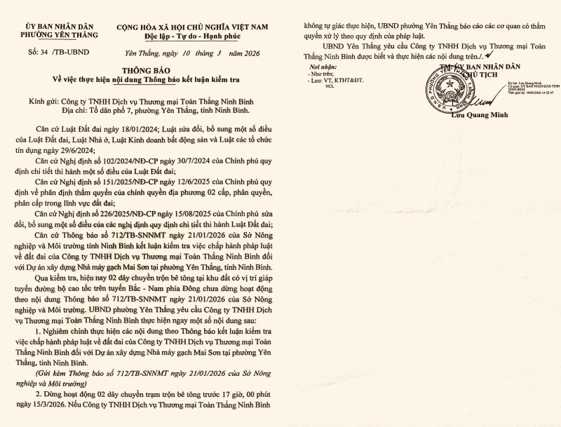 Sau kiểm tra của Sở Nông nghiệp và Môi trưởng tỉnh Ninh Bình, UBND phường Yên Thắng cũng ra văn bản với Công ty Toàn Thắng Ninh Bình nhưng doanh nghiệp này vẫn không chấp hành. Ảnh: Nhóm PV
