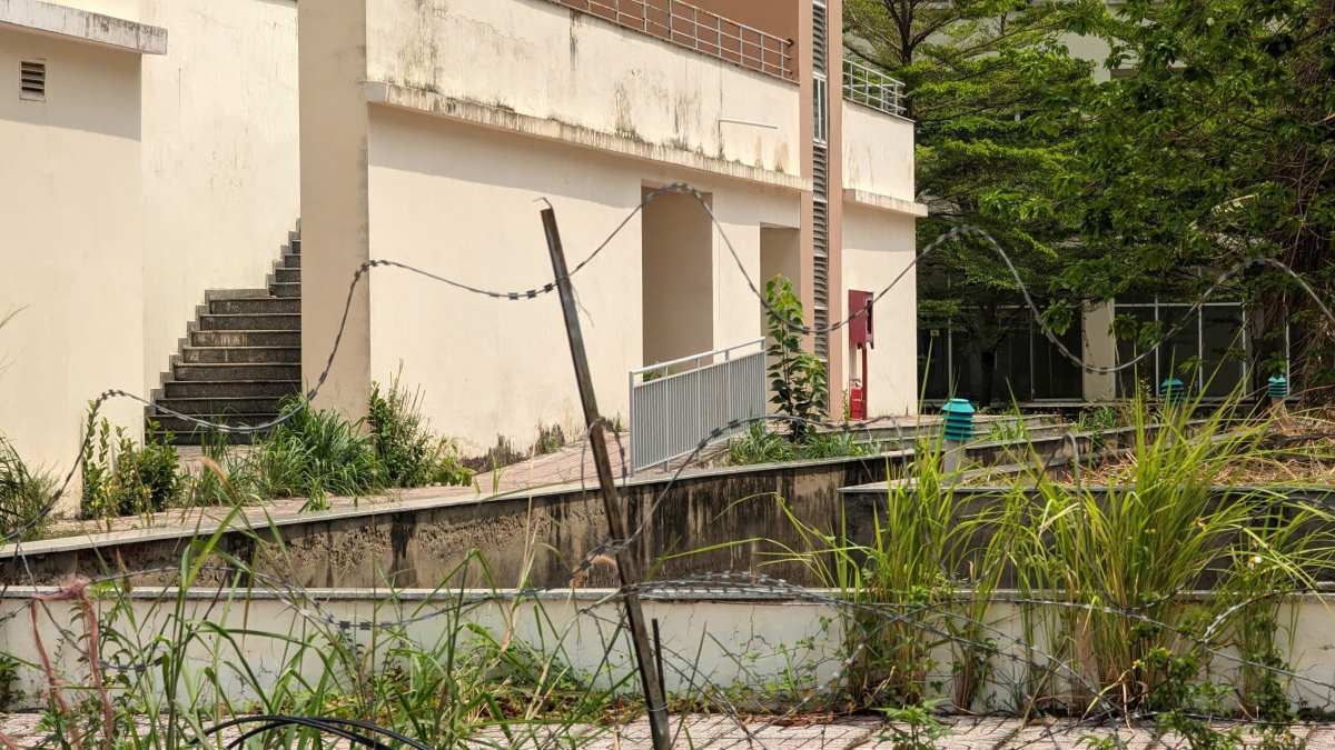 Ghi nhận hiện chưa có cư dân sinh sống, cỏ mọc xung quanh căn hộ. Ảnh: Anh Tú