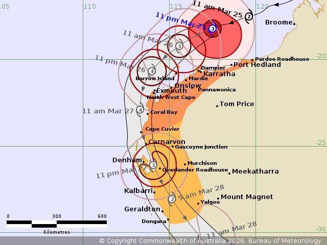 태풍 나렐의 경로 및 직접적인 영향 지역 예측 태풍 나렐이 세 번째로 호주 본토에 상륙할 때 슈퍼 태풍 등급으로 강화될 예정입니다. 사진: BOM