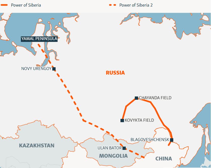 Đường ống Sức mạnh Siberia (Power of Siberia) và Sức mạnh Siberia 2 (Power of Siberia 2). Ảnh: Gazprom/OpenStreetMap
