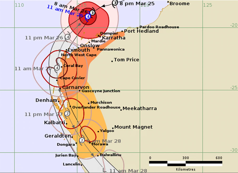 슈퍼 태풍 나렐레는 세 번째로 호주 본토에 상륙할 때 최대 풍속 275km/h의 강풍을 동반했습니다. 사진: BOM