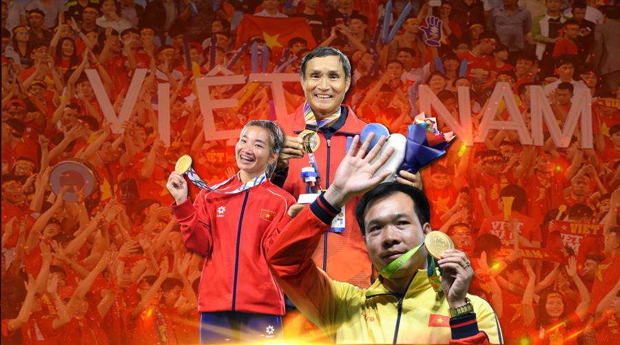 Athlete Nguyen Thi Oanh, former athlete Hoang Xuan Vinh and coach Mai Duc Chung, who made their mark on Vietnamese Sports. Photo: Minh Dan - Graphics: Van Thang