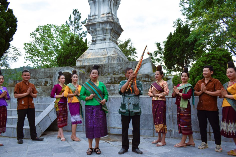The Song Cop commune art troupe performs Lao folk songs at Muong Va ancient tower. Photo: Truong Son
