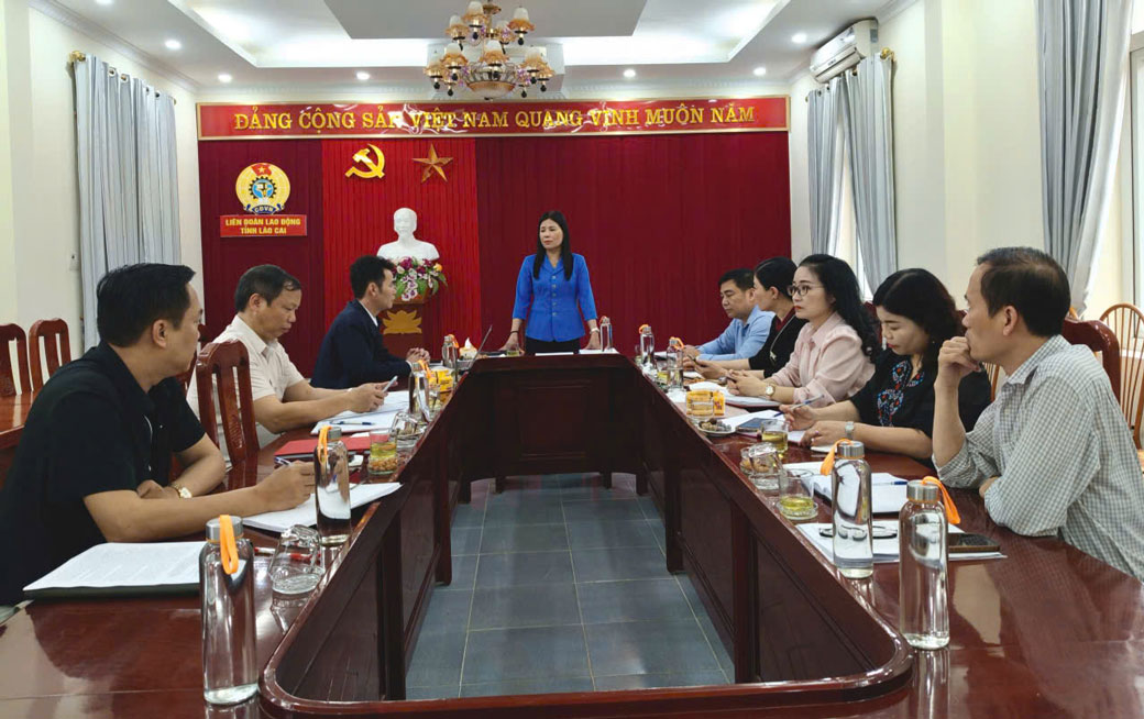 Bà Nguyễn Thị Bích Nhiệm, Chủ tịch LĐLĐ tỉnh Lào Cai chỉ đạo tại Hội nghị triển khai nhiệm vụ công tác. Ảnh: Bảo Nguyên