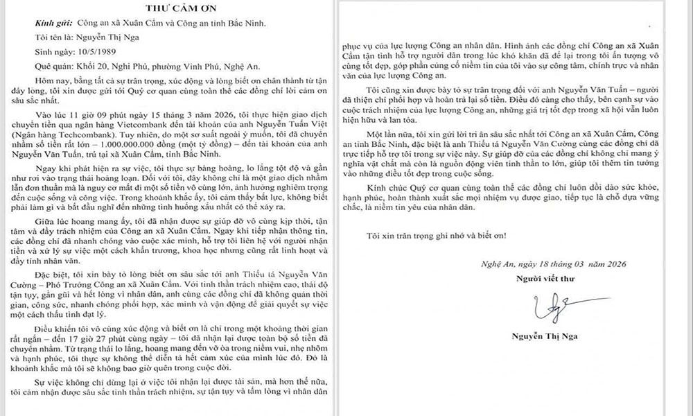 Thank you letter from Ms. Nga (the person who mistakenly transferred money) sent to Xuan Cam Commune Police, Bac Ninh province. Photo: Tuyet Mai