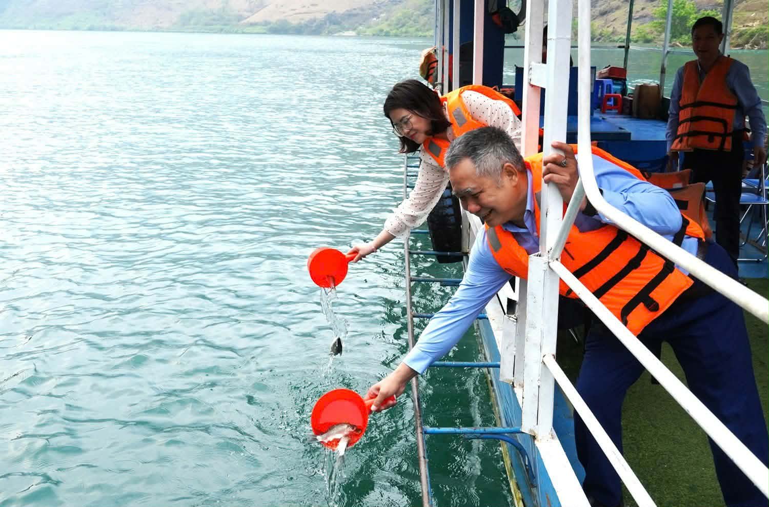 Fish stocking activity at Nho Que 1 lake. Photo: Ha Linh