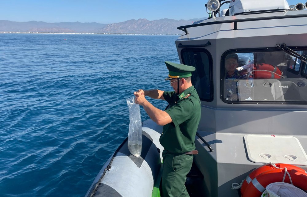 Bộ đội Biên phòng tham gia thả con giống để tái tạo nguồn lợi thủy sản tự nhiên. Ảnh: Duy Tuấn