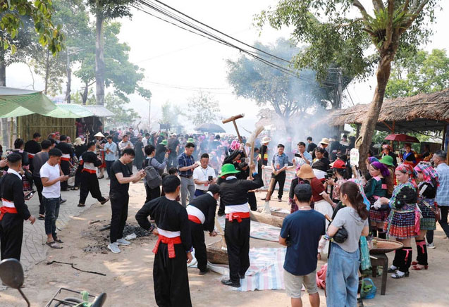 Cuộc thi giã bánh giầy thu hút đông đảo người dân cùng du khác xem và thưởng thức. 