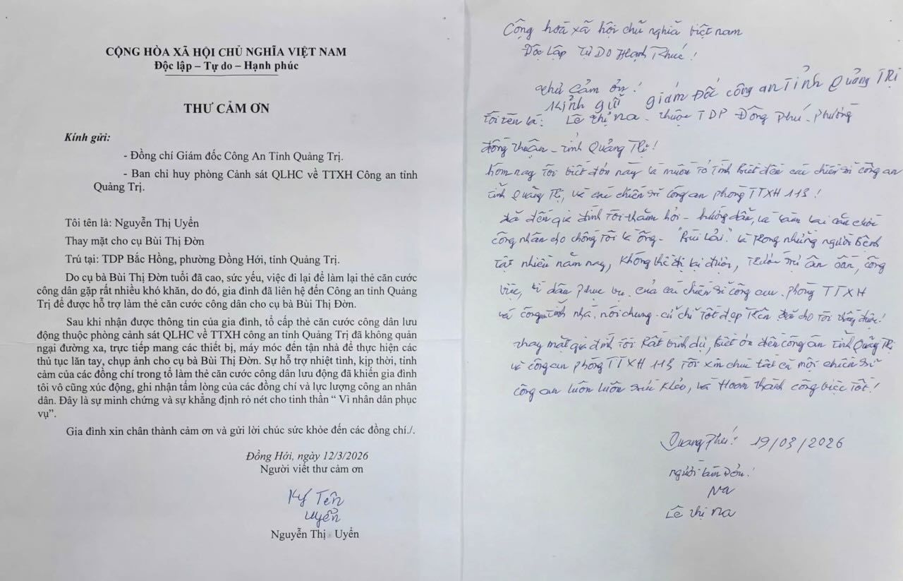 Thank you letters sent to Quang Tri Provincial Police. Photo: Quang Tri Provincial Police