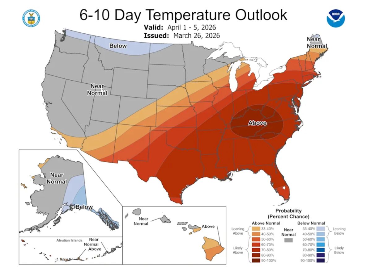Dự báo nhiệt độ từ ngày 1-5.4.2026 ở Mỹ. Ảnh: NOAA