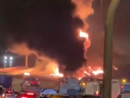 Fire at the US Embassy in Riyadh after being hit by a UAV. Photo cut from video