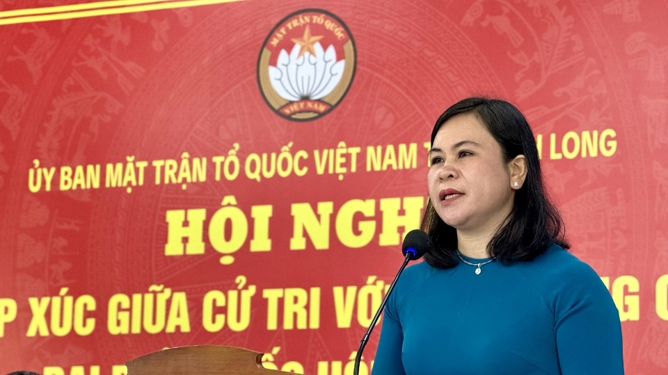 Ms. Thach Thi Thu Ha - Provincial Party Committee Member, Director of the Department of Ethnic Minorities and Religions - representing candidates, speaks to receive voters' opinions at the meeting to serve the election of National Assembly deputies of Vietnam, 16th term. Photo: Hoang Loc