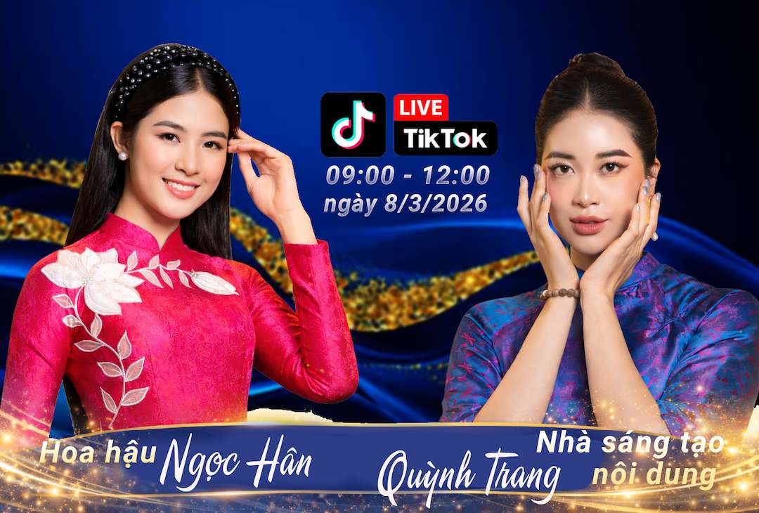 Content creator Quynh Trang (TikTok channel "Hoa hậu vỉa hè") and Miss Vietnam 2010 Ngoc Han participate in the livestream "Vietnamese Product Vitality". Photo: BCT