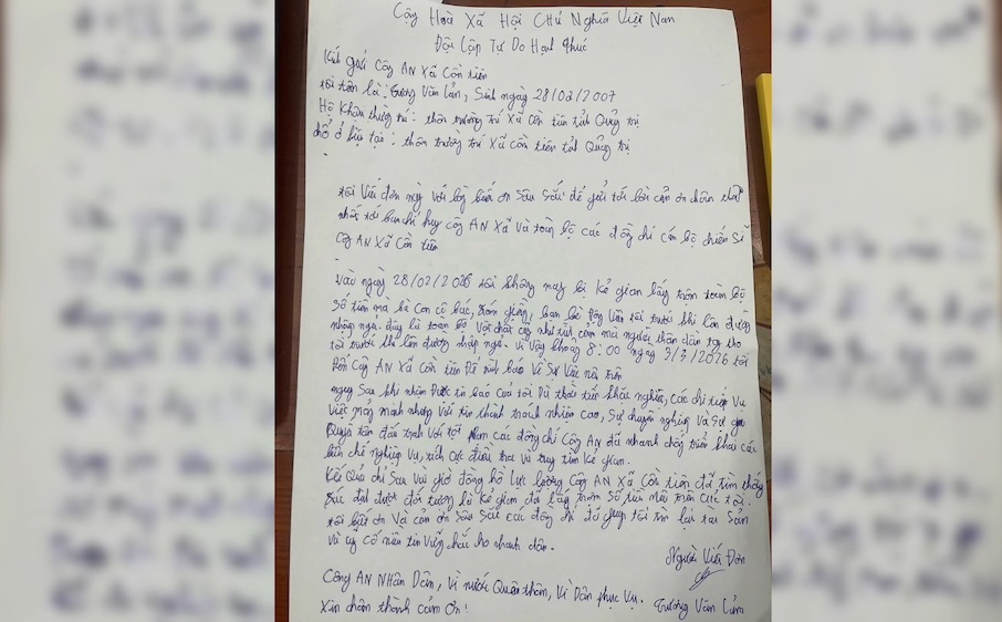 Young man writes thank you letter to Con Tien Commune Police after losing money but being supported to get it back. Photo: Con Tien Commune Police