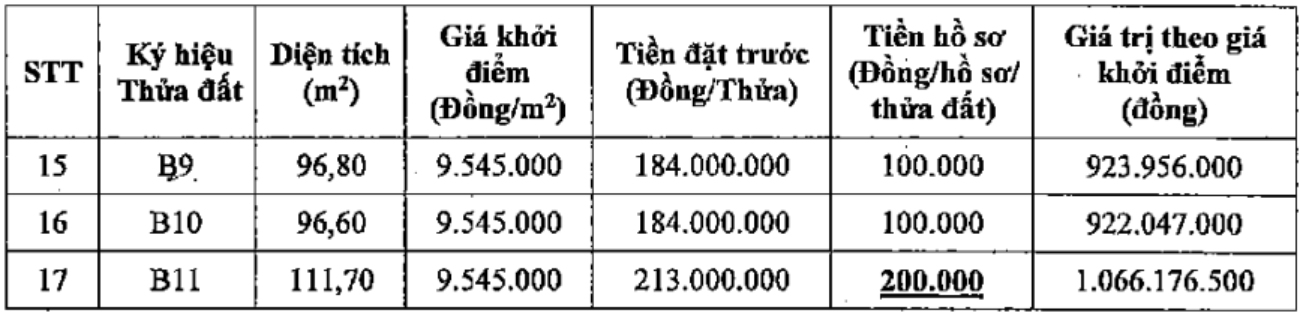 Thông tin phiên đấu giá 17 thửa đất tại xã Quốc Oai. Ảnh: Công ty Đấu giá Hợp danh Số 5 - Quốc gia