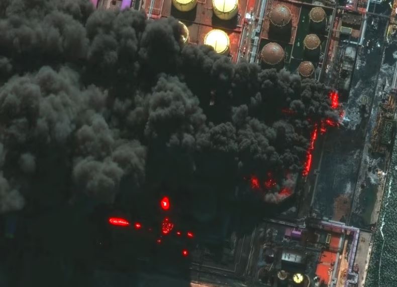 Ust-Luga port, one of Russia's key oil export hubs to the Western market, caught fire on March 27, 2026. Satellite photo Vantor