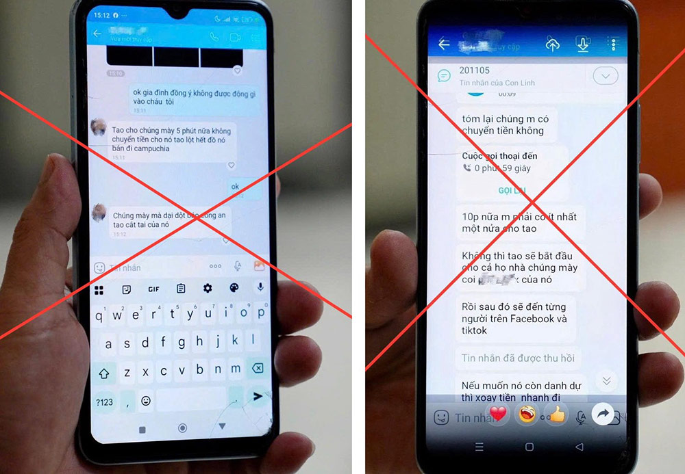 Tin nhắn của đối tượng bắt cóc qua mạng gửi đến cho gia đình nạn nhân nhằm đe dọa, tống tiền. Ảnh: Bộ Công an