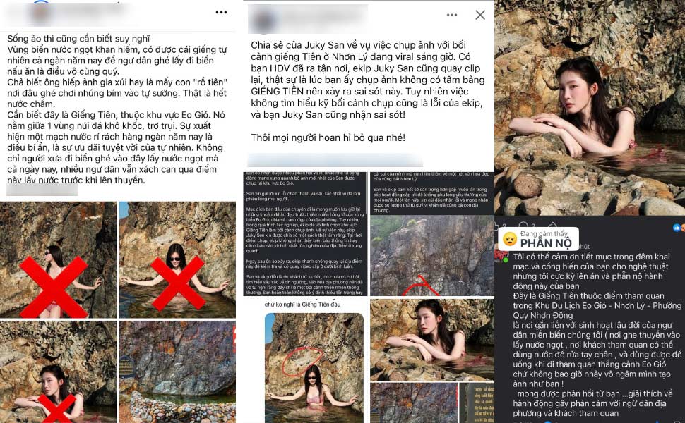 The incident of singer Juky San wearing a swimsuit and soaking in Gieng Tien (Eo Gio tourist area - Nhon Ly fishing village, Quy Nhon Dong ward, Gia Lai) caused public stir. Screenshot