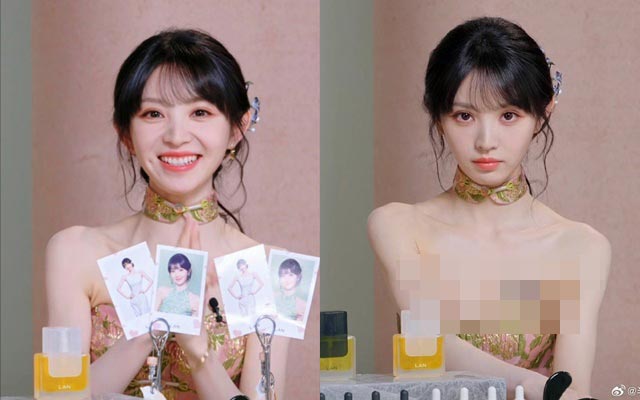 Dien Hy Vi wears a tight-fitting, revealing dress in the livestream session. Photo cut from video