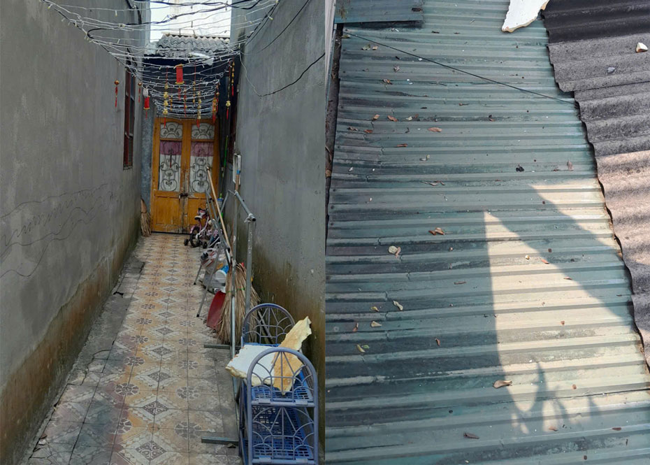 Ngôi nhà của gia đình chị Lường Thị Tỉnh trong ngõ nhỏ, dột nát sau dông lốc. Ảnh: Bảo Nguyên