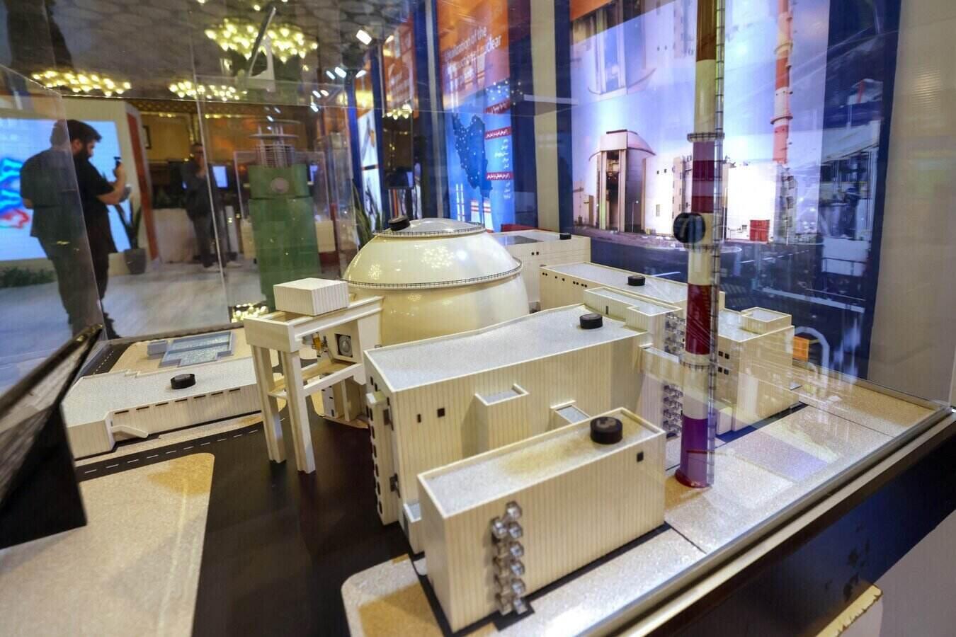 A miniature model of the Iranian Bushehr nuclear power plant that Russia is building is displayed at an exhibition at the International Conference on Nuclear Science and Technology in Isfahan, Iran. Photo: AFP