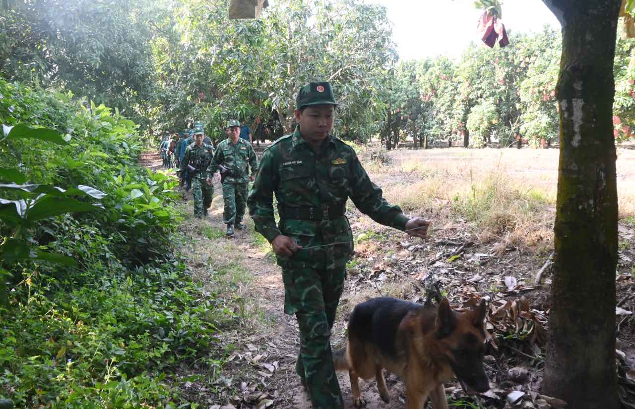 Các cán bộ, chiến sĩ phối hợp tuần tra trên tuyến biên giới. Ảnh: Thành Nhân