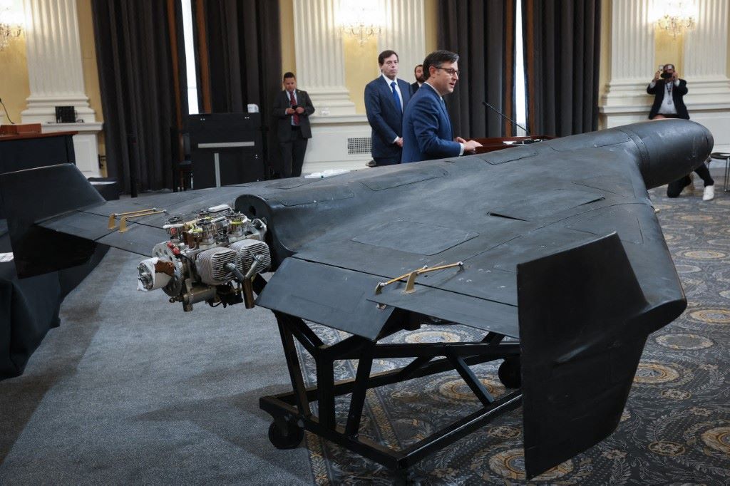 US House Speaker Mike Johnson speaks next to Iran's Shahed-136 UAV at a press conference at Capitol Hill, Washington, D.C. May 8, 2025. Photo: AFP