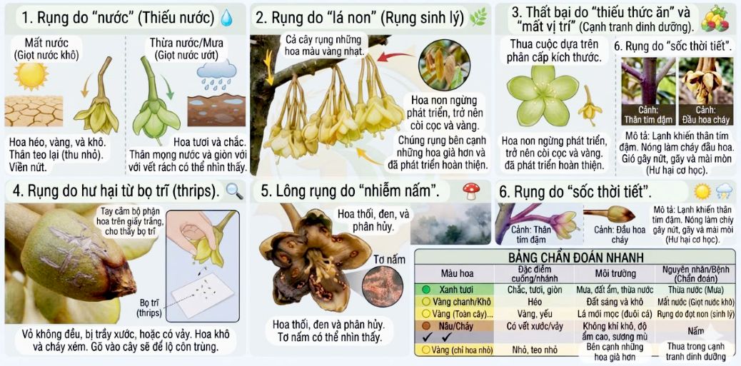 Bảng tóm tắt 6 nguyên nhân và dấu hiệu nhận biết sầu riêng rụng hoa. Ảnh: Nguồn của ThS Nguyễn Phước Tuyên