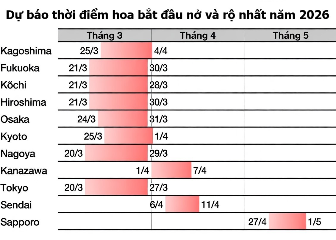 Dự báo mùa hoa anh đào Nhật Bản, các tỉnh thành từ nam ra bắc với thời gian tương ứng từ thời gian bắt đầu nở tới “đỉnh điểm” mùa hoa. Nguồn: Nippon, Tập đoàn Khí tượng Nhật Bản