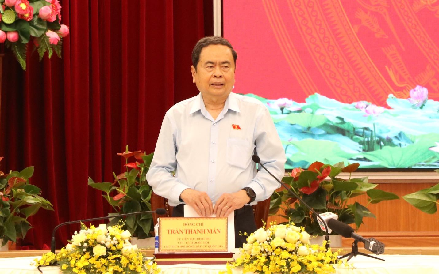 Ủy viên Bộ Chính trị, Chủ tịch Quốc hội, Chủ tịch Hội đồng Bầu cử quốc gia Trần Thanh Mẫn phát biểu chỉ đạo tại buổi làm việc tại tỉnh Đồng Nai. Ảnh: HAC