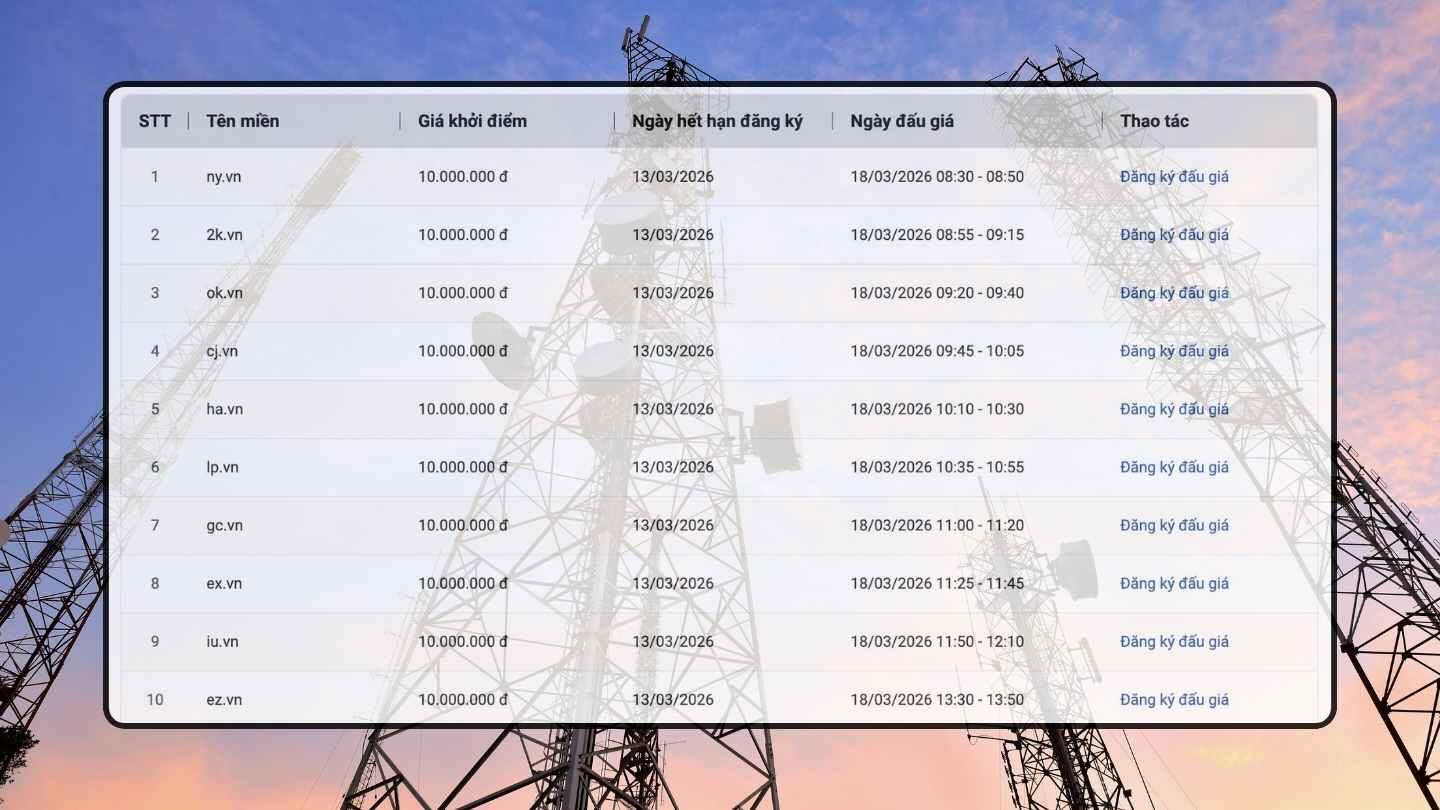 Series of ".vn" domain names on auction on March 18, 2026