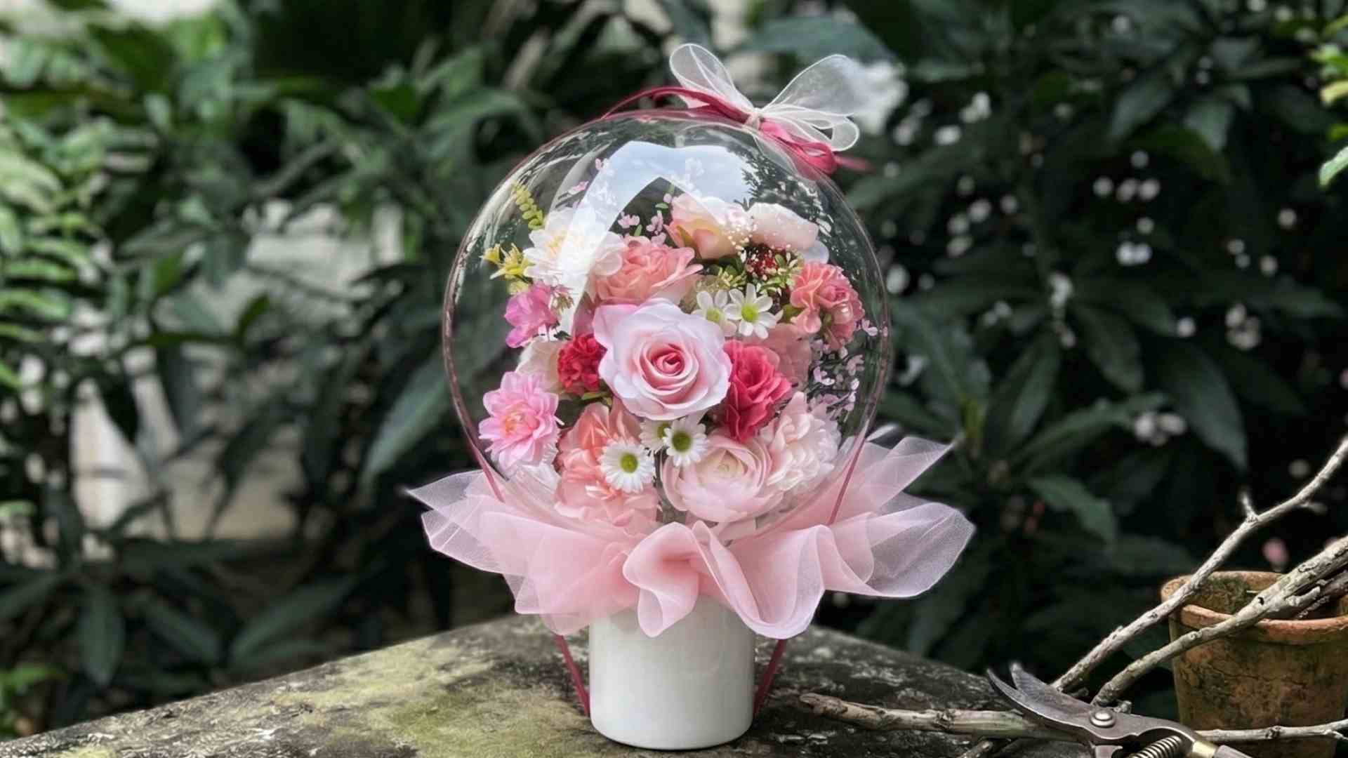 Hoa lụa cao cấp trong bong bóng được ưa chuộng nhờ độ bền cao. Ảnh: NVCC