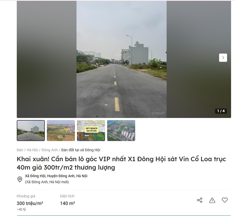 Một lô đất nền tại xã Đông Anh được rao bán với giá 300 triệu đồng/m2. Ảnh: Như Hạ