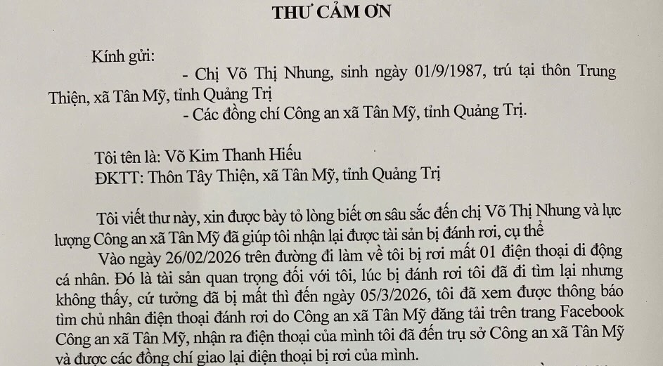 Thank you letters from people sent to Tan My Commune Police. Photo: Tan My Commune Police