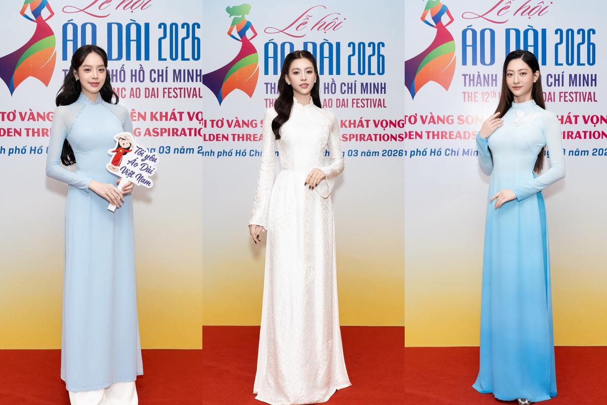 Từ trái qua: Hoa hậu Thanh Thủy, Tiểu Vy, Lương Thùy Linh làm đại sứ hình ảnh Lễ hội Áo dài TP.HCM 2026 - Ảnh: BTC