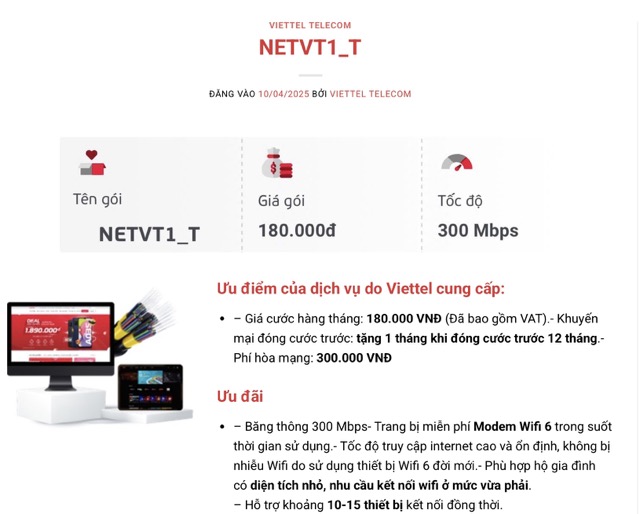 Giá gói cước 300 Mb của Viettel thời điểm tháng 4 năm 2025 là 180.000 đồng. Ảnh: Đức Vân