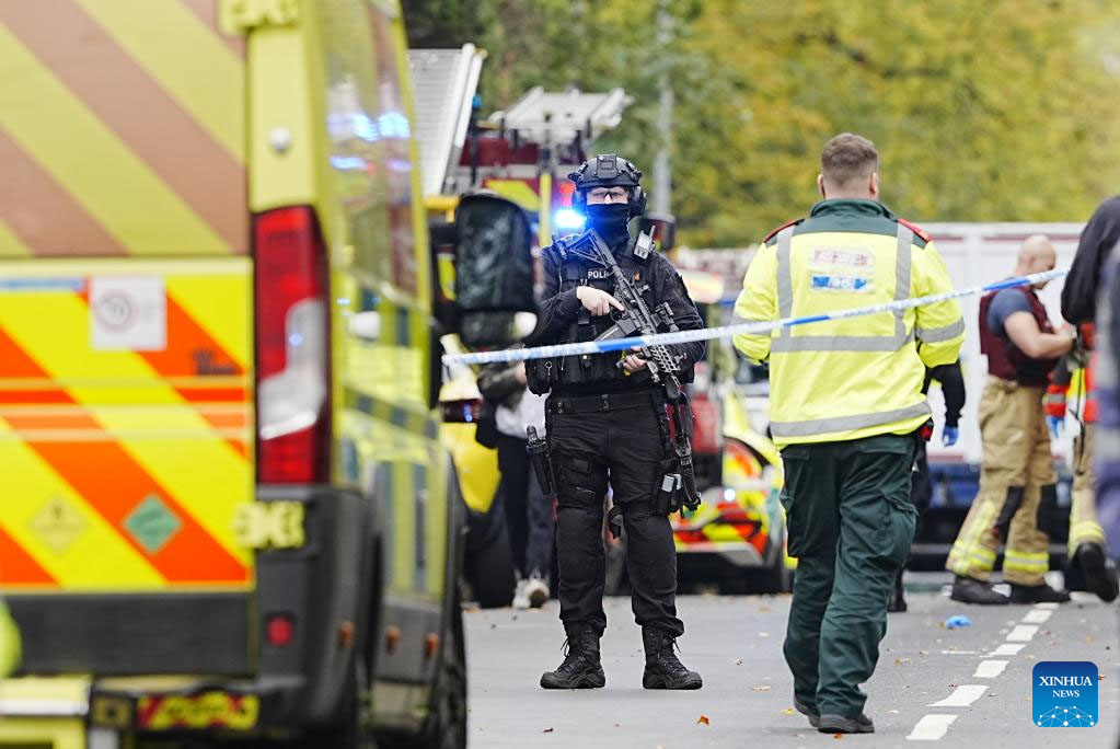 British police forces at the scene of the attack outside the synagogue in Manchester, October 2025. Photo: Xinhua