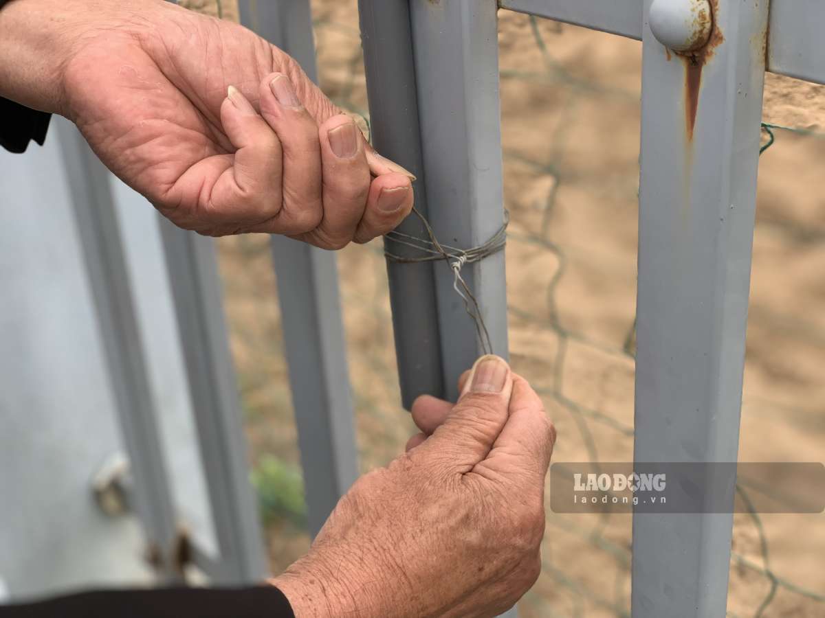 Người dân sử dụng dây thép để cố định cờ. Ảnh: Lương Hà