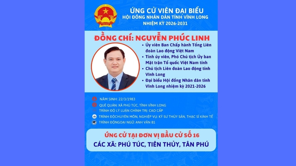 Comrade Nguyen Phuc Linh - Chairman of Vinh Long Provincial Labor Federation - running for election as a delegate of the Provincial People's Council for the 2026–2031 term at constituency No. 16. Photo: Vinh Long Provincial Labor Federation