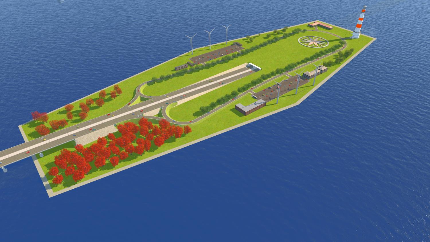 Trên đảo bố trí mảng xanh, công trình tiện ích, giao thông nội khu, bãi đỗ xe và các dịch vụ đi kèm, là điểm dừng chân để người dân, du khách nghỉ ngơi, ngắm cảnh trên hành trình. Ảnh: Tedi