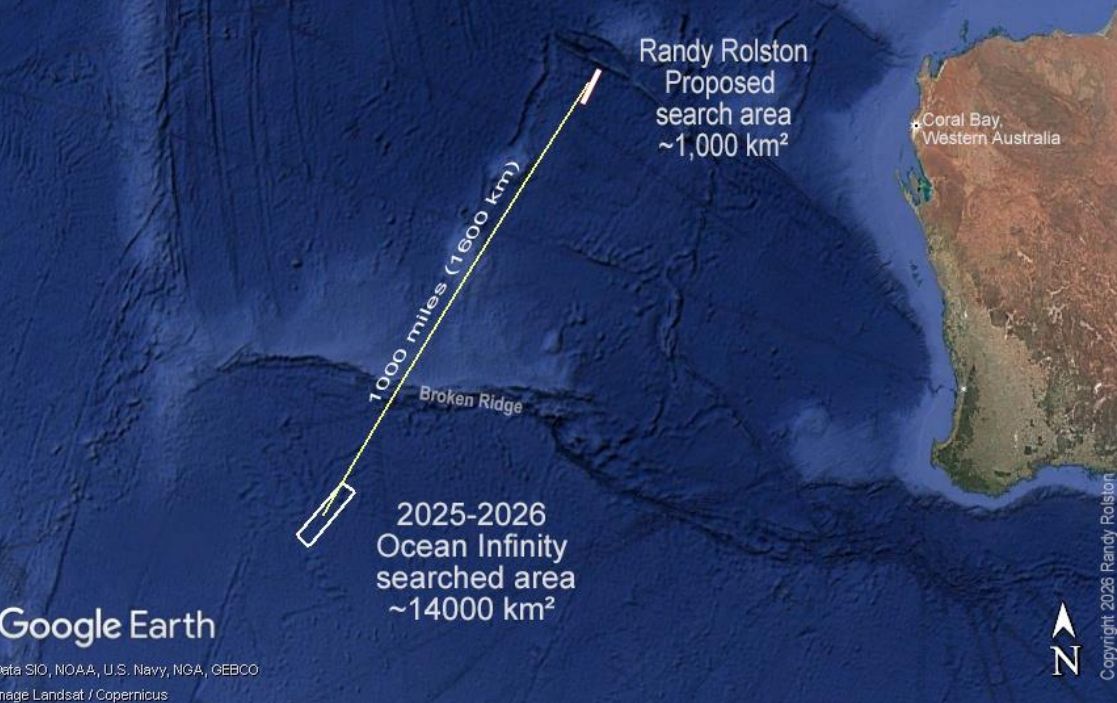 American businessman Randy Rolston proposes a new MH370 search area of 1,000km2. Photo: Google Earth/ Landsat/ Copernicus