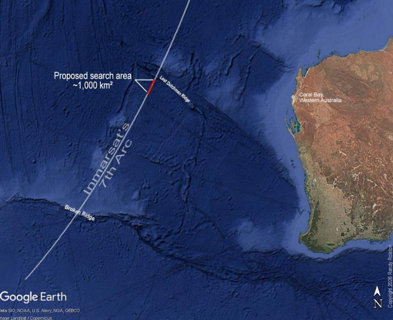 Doanh nhân Mỹ Randy Rolston đề xuất khu vực tìm kiếm MH370 mới rộng 1.000 km2. Ảnh: Google Earth/ Landsat/ Copernicus