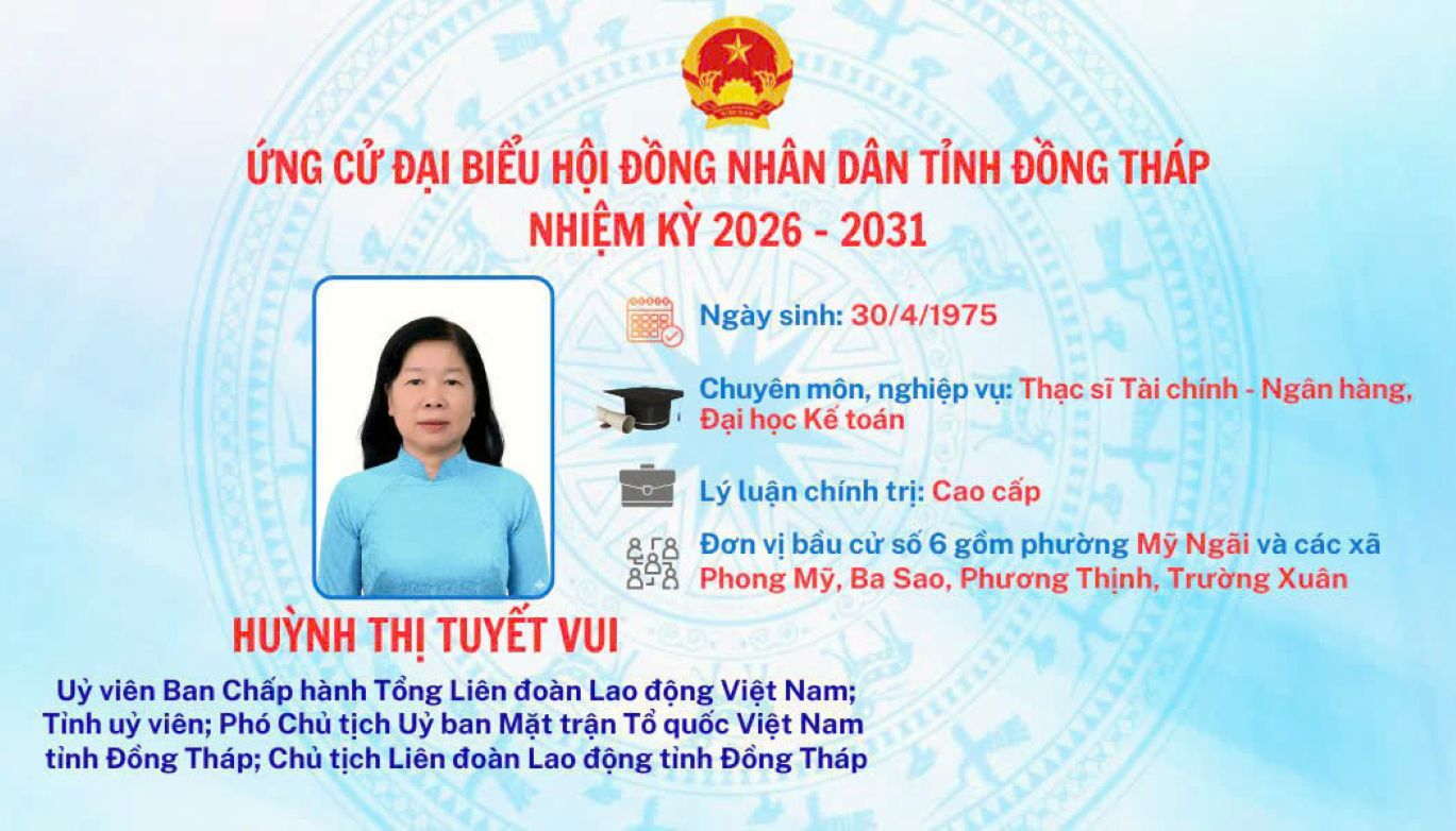 Bà Huỳnh Thị Tuyết Vui, nữ Chủ tịch Công đoàn chuyên trách duy nhất ứng cử HĐND tỉnh Đồng Tháp nhiệm kỳ 2026-2031. Ảnh: LĐLĐ tỉnh Đồng Tháp