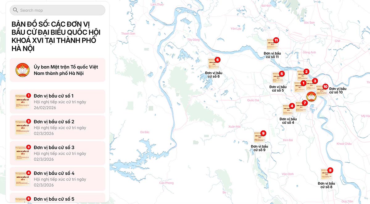 Special communication product "Digital map informing about the election of National Assembly deputies of the 16th term and deputies of the Hanoi People's Council for the 2026 - 2031 term". Photo: Vietnam Fatherland Front Committee of Hanoi City
